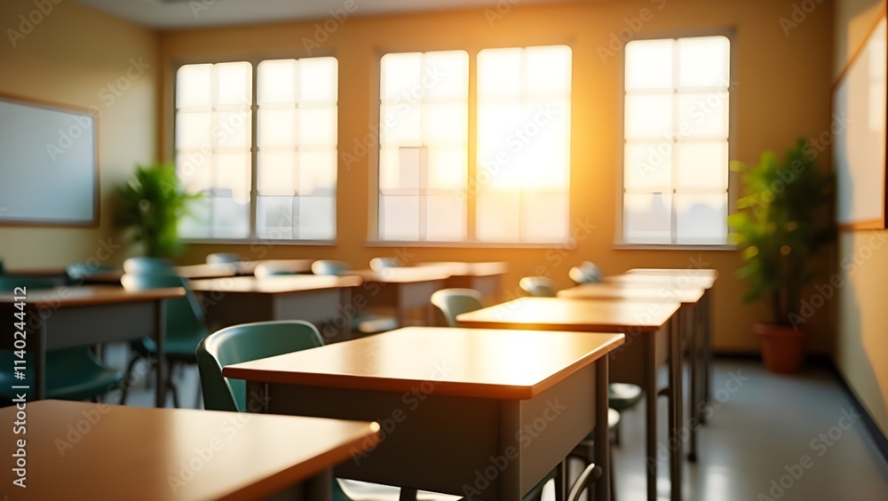 Classroom during sunset with warm light highlighting rows of empty desks Classroom during sunset with warm light highlighting rows of empty desks