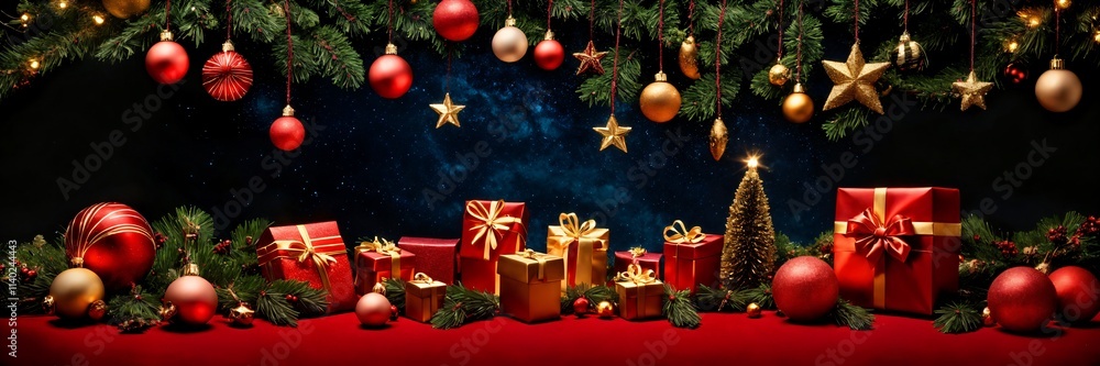 Enchanting Merry Christmas and Happy New Year Banner Design - Stunning Winter Wonderland Scene with Glittering Ornaments and Snowflakes Enchanting Merry Christmas and Happy New Year Banner Design - Stunning Winter Wonderland Scene with Glittering Ornaments and Snowflakes