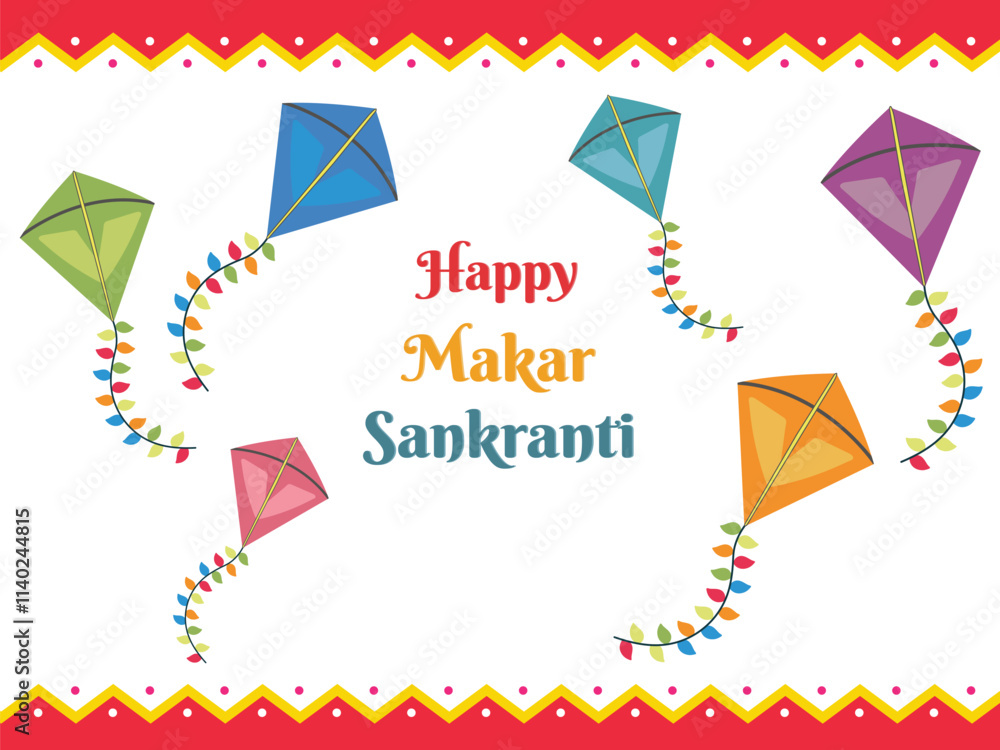 Happy Makar Sankranti Poster Design with Colorful Kites Flying on White Background. Happy Makar Sankranti Poster Design with Colorful Kites Flying on White Background.