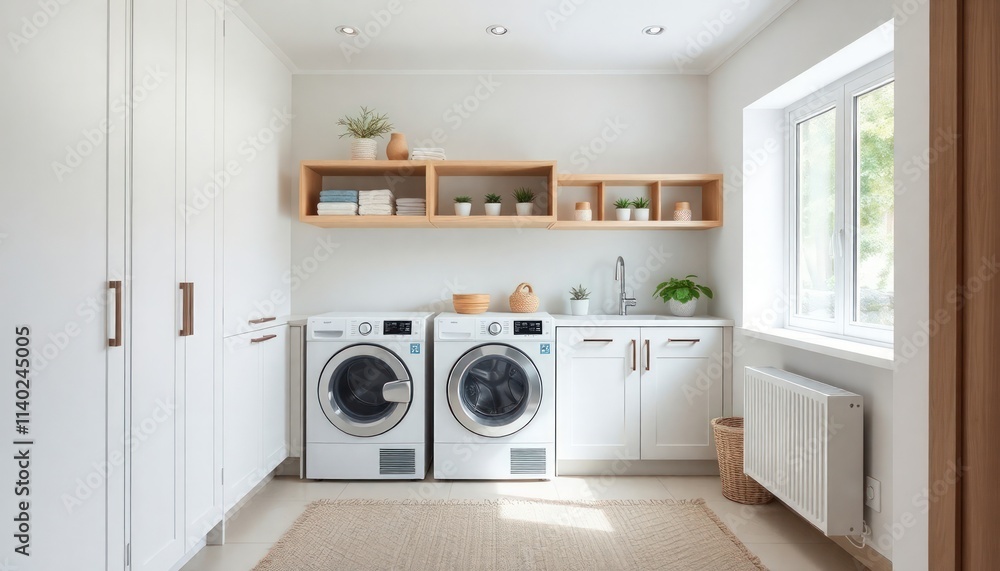 Scandinavian Style - Interior Design of Laundry Room with Scandinavian Concept - Hotel Laundry Room - Apartment Laundry Room Interior with Washing Machine - Interior Design Scandinavian Style - Interior Design of Laundry Room with Scandinavian Concept - Hotel Laundry Room - Apartment Laundry Room Interior with Washing Machine - Interior Design