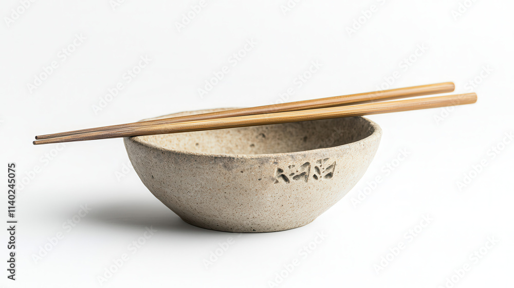 A pair of hand-carved bamboo chopsticks with intricate natural etchings, placed over a traditional stone-textured bowl with earthy tones, white background, clear visual cut-out, studio lighting, perfe A pair of hand-carved bamboo chopsticks with intricate natural etchings, placed over a traditional stone-textured bowl with earthy tones, white background, clear visual cut-out, studio lighting, perfe