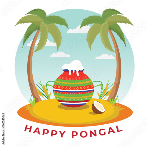 Happy Pongal Poster Design with Traditional Clay Pot of Rice Dish, Coconut Trees on Nature Background.