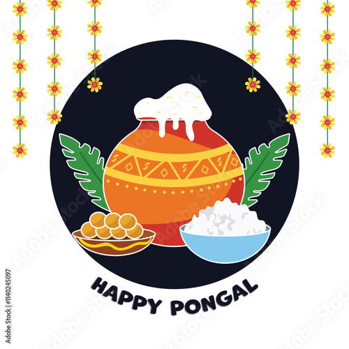 Happy Pongal Celebration Poster Design with Sticker Style Festival Elements on Dark and White Background.