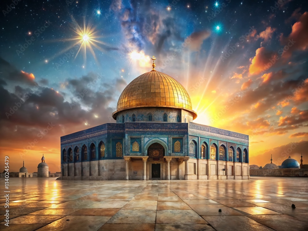 Fototapeta premium Al Aqsa Mosque Wallpaper: Stunning Dome, Jerusalem, Islamic Architecture, Holy Site, Spiritual, Golden Dome, Celestial, Prayer, Peace, Serenity, Night, Day, Close-up, Wide Shot, Detailed,