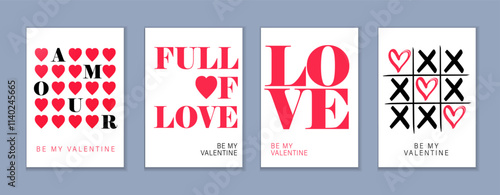 Be my Valentine, Happy Valentines Day creative cards set. Valentine's Day typography concept - Amour, Full of love, tic tac toe. Hearts pattern vector background in modern trendy style
