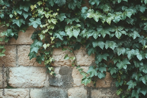 Lush green ivy climbing a textured stone wall.
