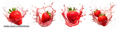 Set of Red Strawberries with juice splash on transparent background, summer fruits concept, realistic design illustration, generative ai