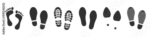 Shoe and human feet prints. Black boots, sneakers and bare feet silhouettes. Human steps traces. Footprints  vector illustration isolated on white background.