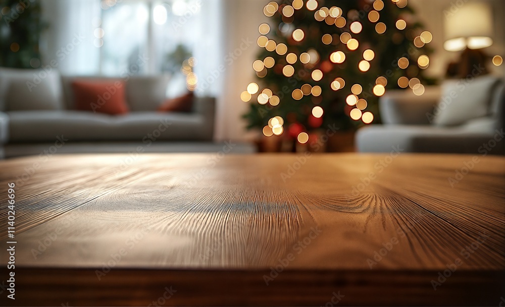 Fototapeta premium Empty Space for Advertising Wooden Table with Blurred Christmas Tree Lights and Cozy Living Room Interior Background