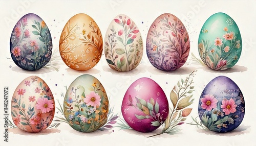 Watercolor Easter eggs decorated with pastel patterns and florals isolated on white with copy space 