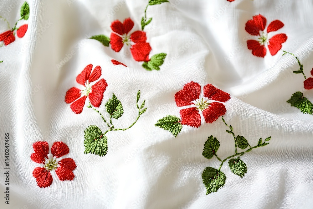Delicate White Fabric with Exquisite Red Flower Embroidery Delicate White Fabric with Exquisite Red Flower Embroidery