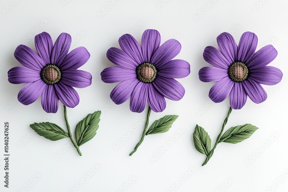 Obraz premium Three Elegant Purple Paper Flowers on a White Background