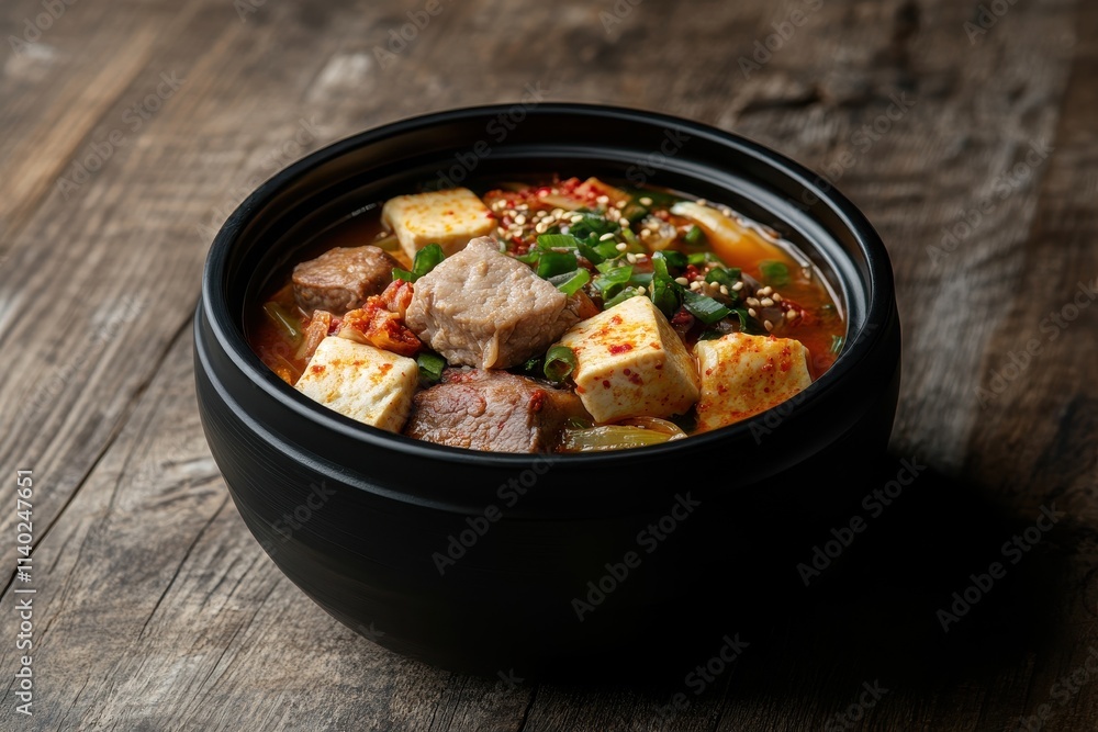 Spicy Korean silken tofu stew with pork kimchi and vegetables served in a black bowl on a wooden table Spicy Korean silken tofu stew with pork kimchi and vegetables served in a black bowl on a wooden table