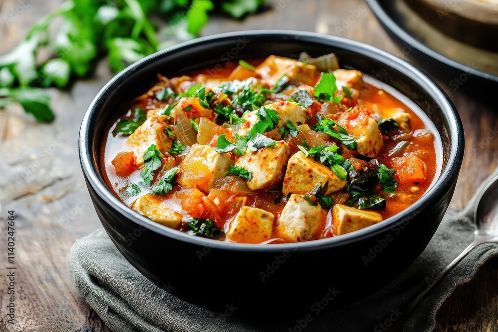 Spicy Korean silken tofu stew with pork kimchi and vegetables in a black bowl on wood Spicy Korean silken tofu stew with pork kimchi and vegetables in a black bowl on wood