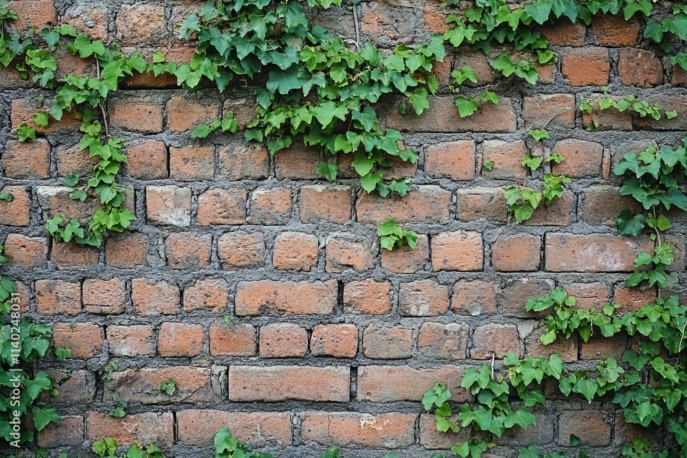 Lush green ivy climbing a weathered red brick wall. Lush green ivy climbing a weathered red brick wall.