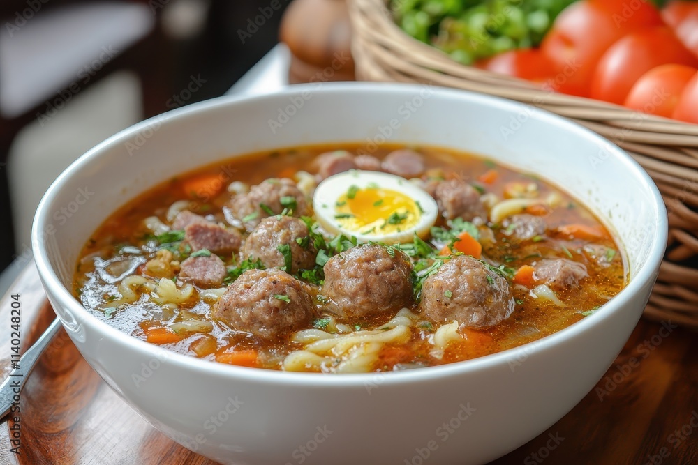 Spicy noodle seblak is a soup featuring soaked crackers meatballs sausages vegetables and eggs all in a flavorful spicy sauce Spicy noodle seblak is a soup featuring soaked crackers meatballs sausages vegetables and eggs all in a flavorful spicy sauce