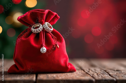 red santa claus bag with lot of rings with diamonds, festive christmas card with empty space for text, bag is left, space for text is right, blurred bokeh background