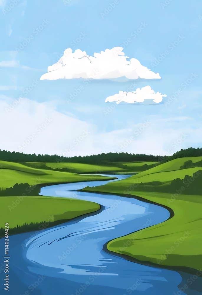 Serene river meandering through lush green hills under a bright blue sky with fluffy clouds. Serene river meandering through lush green hills under a bright blue sky with fluffy clouds.
