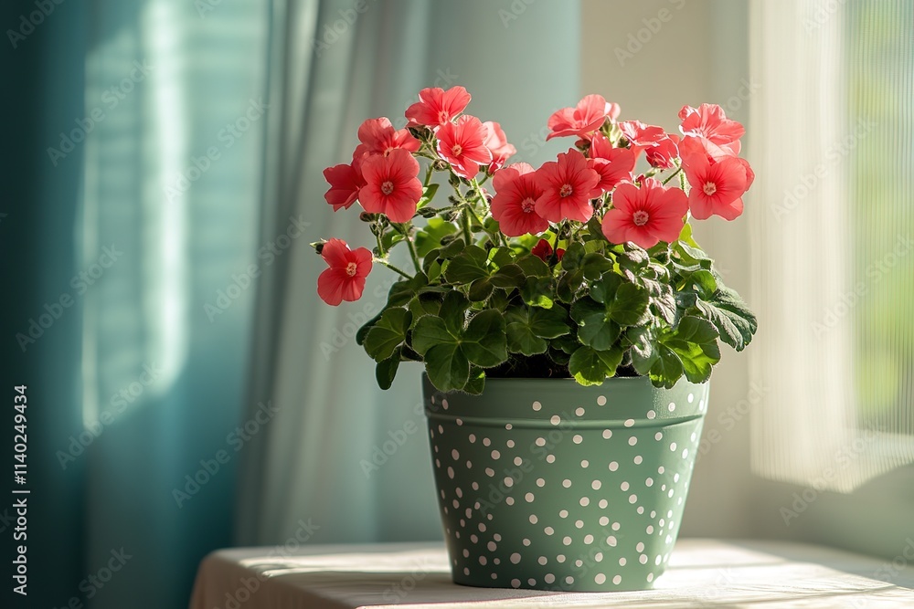 Vibrant Pink Geraniums in a Decorative Pot by a Window Vibrant Pink Geraniums in a Decorative Pot by a Window