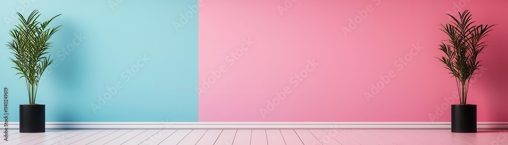 A stylish room with vibrant blue and pink walls, featuring decorative plants in charming black pots, creating a lively atmosphere. A stylish room with vibrant blue and pink walls, featuring decorative plants in charming black pots, creating a lively atmosphere.