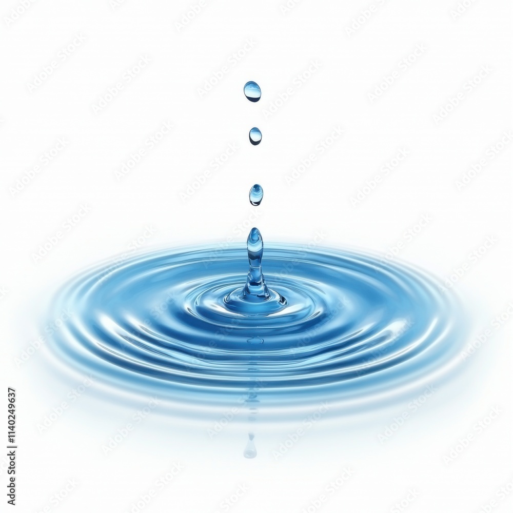 Water droplets create ripples in a calm blue surface, showcasing fluid dynamics and tranquility Water droplets create ripples in a calm blue surface, showcasing fluid dynamics and tranquility