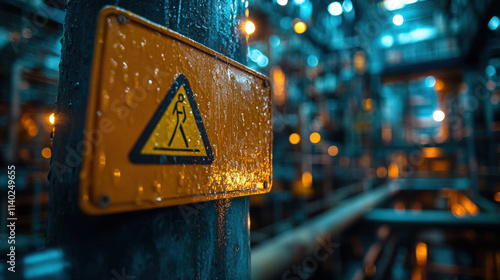 close up of wet caution sign in industrial setting with blurred background lights