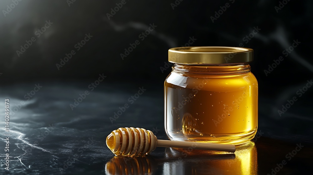 Glass jar with honey and honey dipper Glass jar with honey and honey dipper