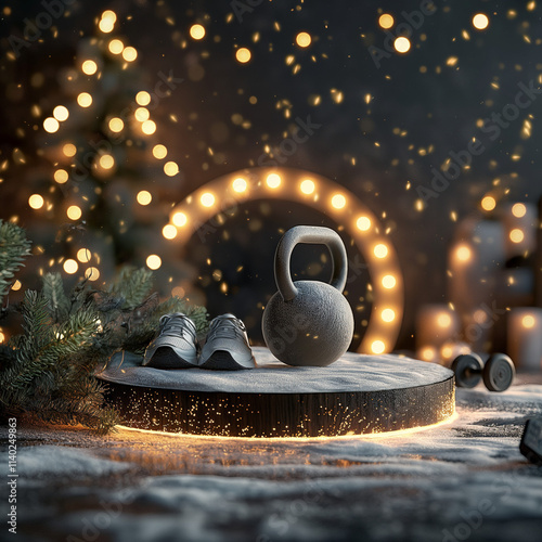 Bright New Year's lights on dark background creating festive atmosphere, round podium covered with artificial snow, kettlebell, sneakers, and dumbbells