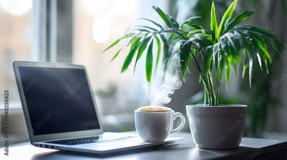 Cozy Home Office Workspace with Laptop, Coffee, and Houseplant Cozy Home Office Workspace with Laptop, Coffee, and Houseplant