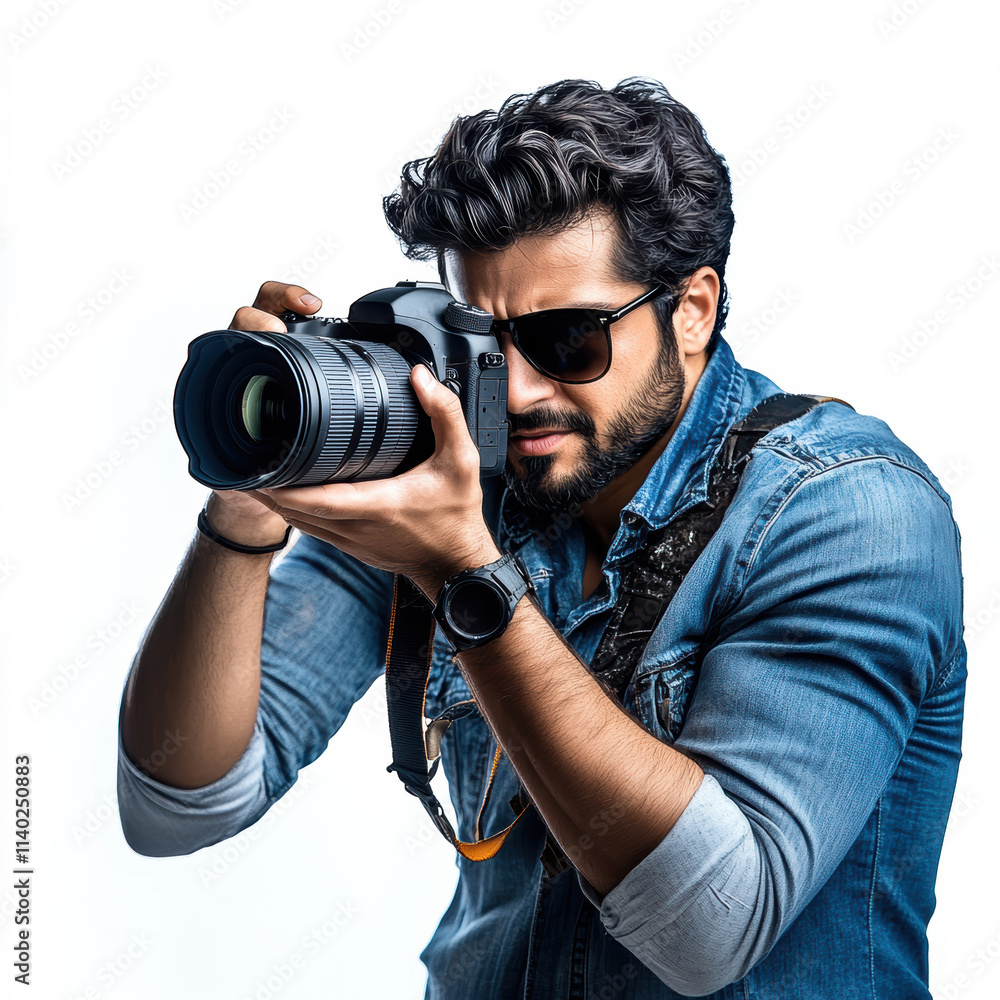 Obraz premium Photographer capturing moments with a professional camera wearing stylish sunglasses indoors