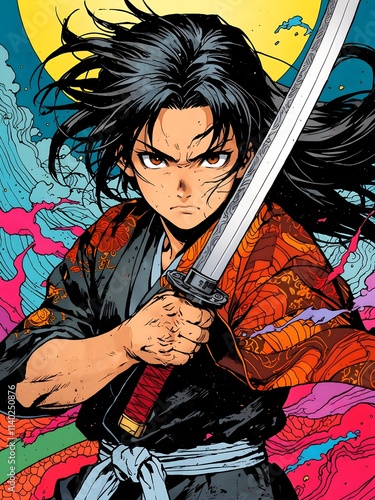 Dynamic anime-style illustration of a determined samurai wielding a katana, set against a vibrant and dramatic backdrop.