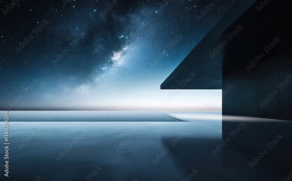 Night sky over modern architecture, reflecting on a sleek surface. Night sky over modern architecture, reflecting on a sleek surface.