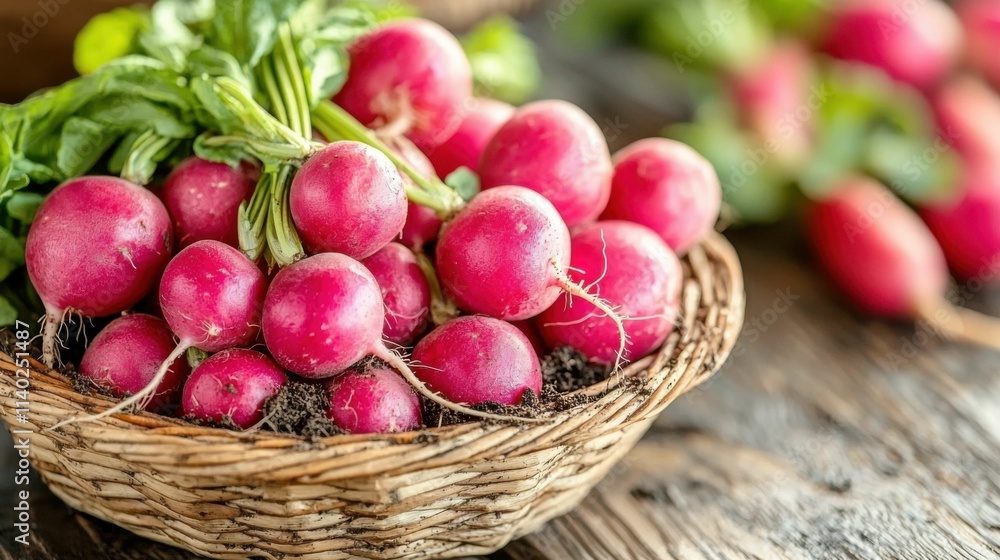 A vibrant display of fresh radishes in a woven basket, showcasing their pink skin and green tops, set against a rustic wooden background. A vibrant display of fresh radishes in a woven basket, showcasing their pink skin and green tops, set against a rustic wooden background.