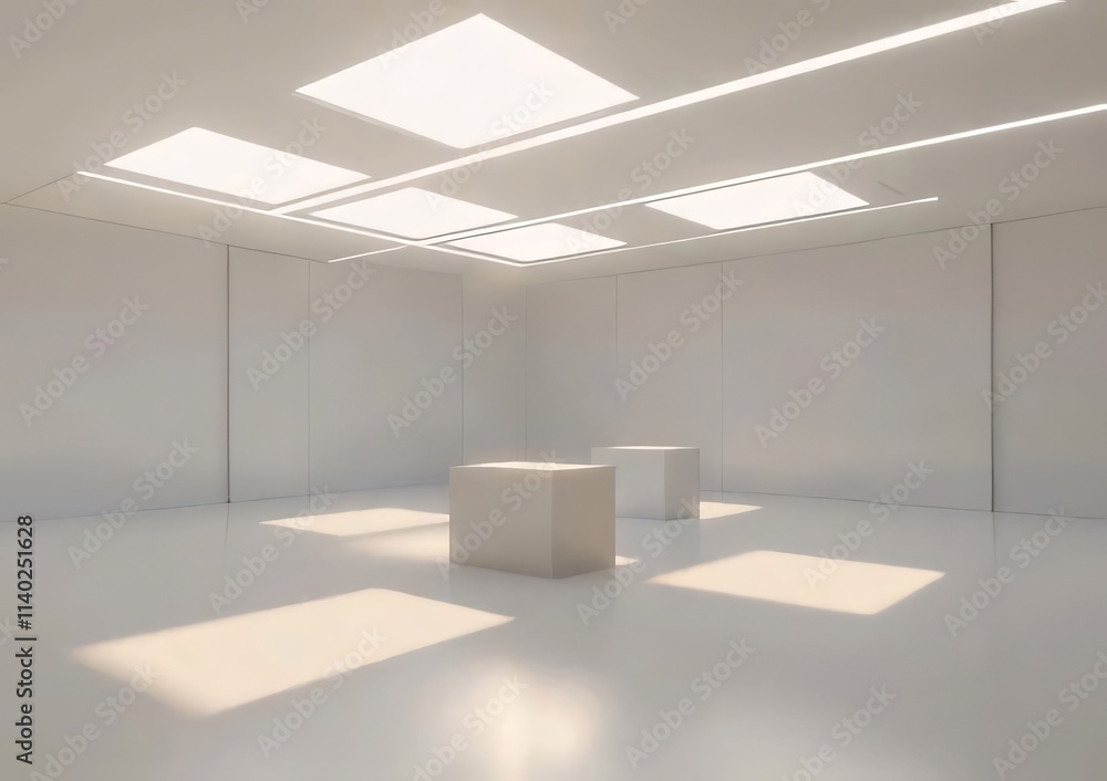 Minimalist white room with sunlight and two cubes. Minimalist white room with sunlight and two cubes.