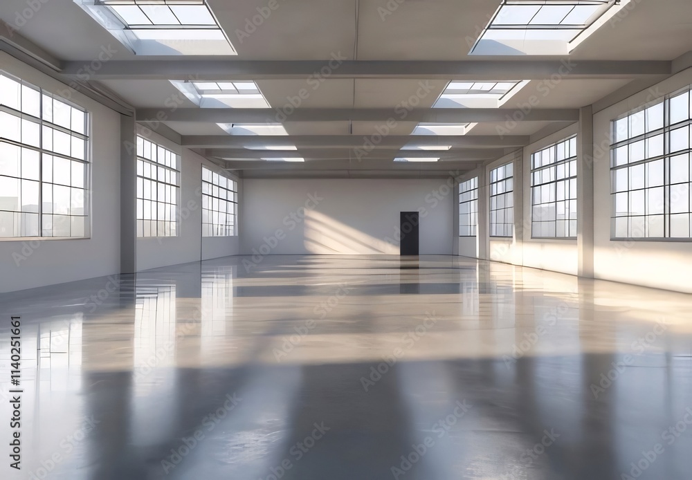 Spacious empty industrial loft interior with large windows and polished concrete floor. Spacious empty industrial loft interior with large windows and polished concrete floor.