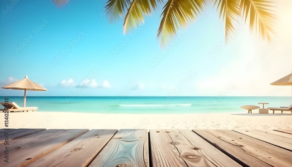 Fototapeta premium Wooden dock on a tropical beach with palm trees and a calm, turquoise ocean in the background