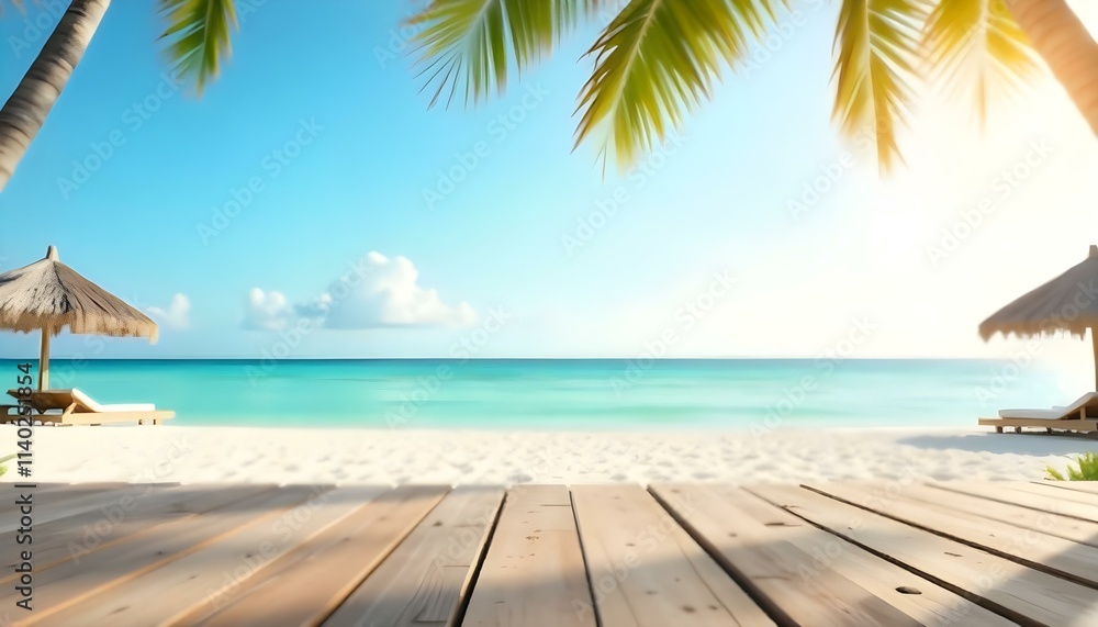 Fototapeta premium Wooden dock on a tropical beach with palm trees and a calm, turquoise ocean in the background