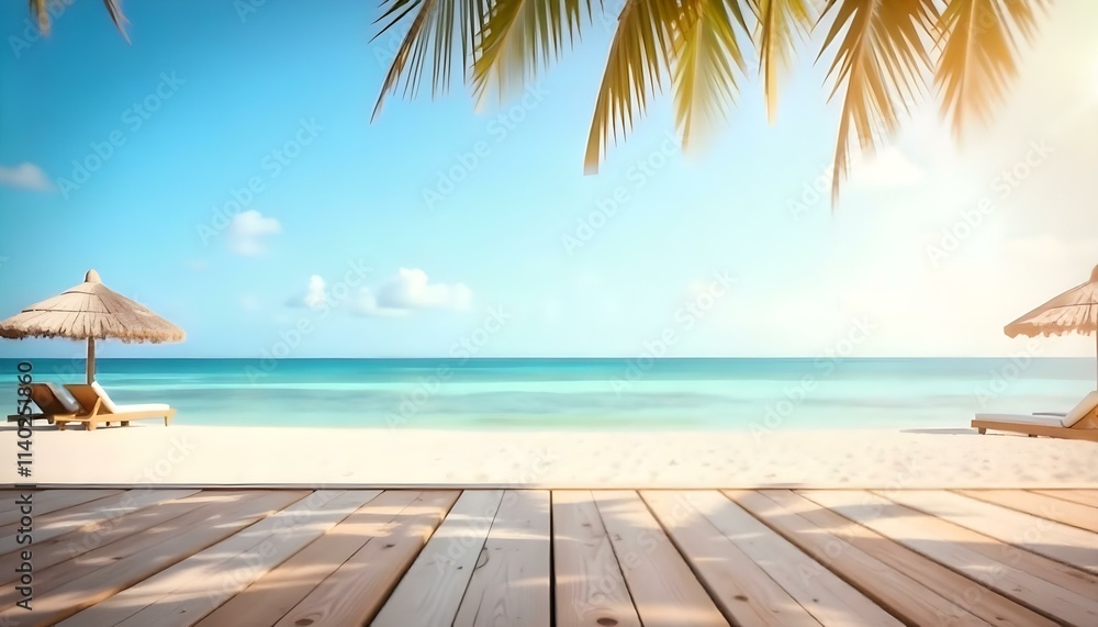 Fototapeta premium Wooden dock on a tropical beach with palm trees and a calm, turquoise ocean in the background