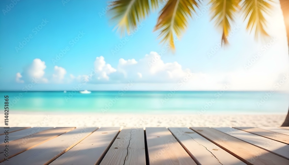 Wooden dock on a tropical beach with palm trees and a calm, turquoise ocean in the background Wooden dock on a tropical beach with palm trees and a calm, turquoise ocean in the background