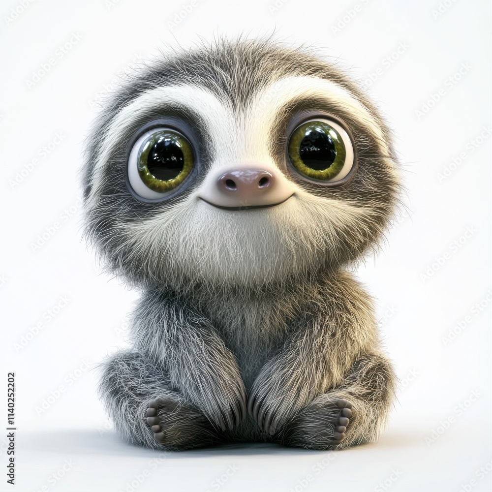 Adorable cartoon sloth character, 3D white background, minimalist design, cute expression Adorable cartoon sloth character, 3D white background, minimalist design, cute expression