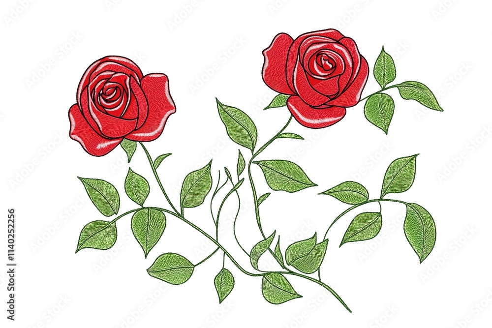 Naklejka premium Detailed Embroidery Design of Two Red Roses and Leaves