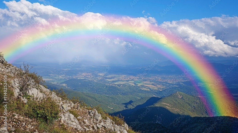 Vibrant Rainbow Stretching Across Serene Landscape Vibrant Rainbow Stretching Across Serene Landscape