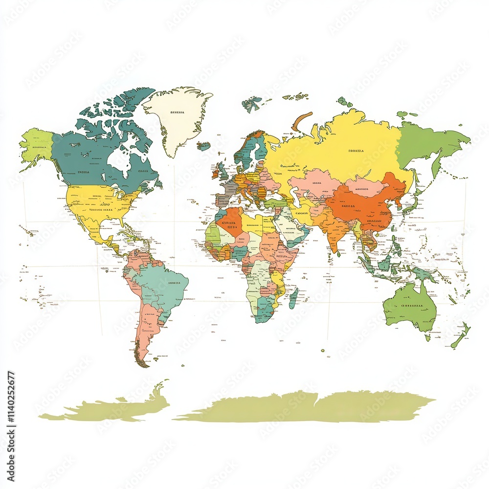 Obraz premium A classic world map with colorful countries and clearly marked borders on a white background 