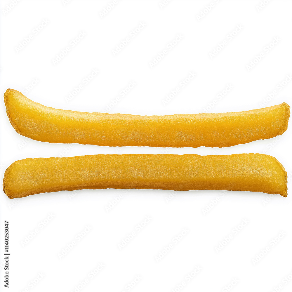 Two french fries forming an equal sign on white background Two french fries forming an equal sign on white background