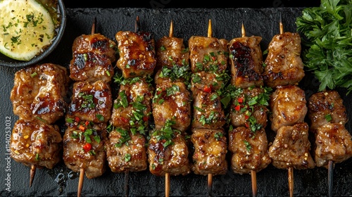 A close-up of grilled meat skewers garnished with herbs and spices, served on a black slate plate, showcasing vibrant colors and textures. photo