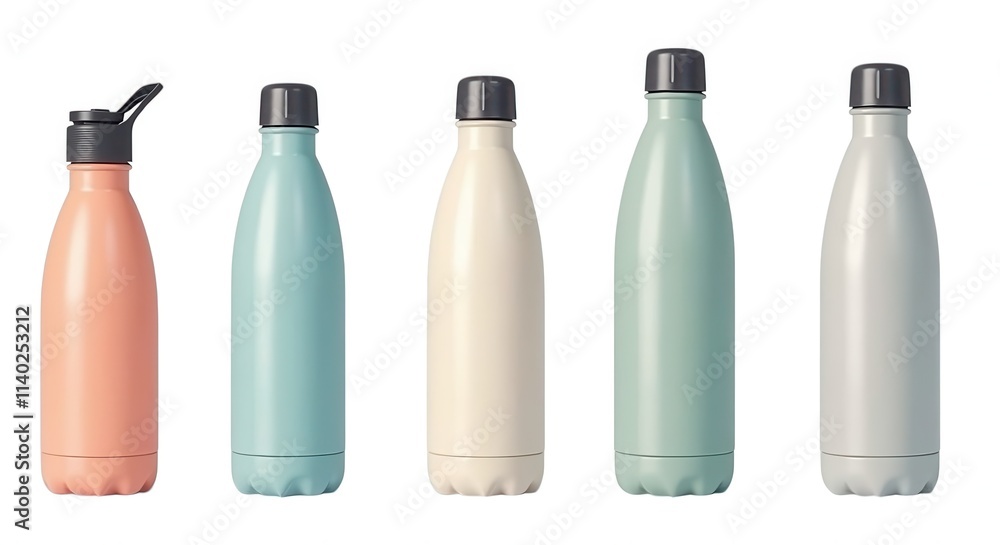 Eco-Friendly Reusable Water Bottles Set Illustration in Pastel Colors for Sustainable Living and Environmental Awareness Projects Eco-Friendly Reusable Water Bottles Set Illustration in Pastel Colors for Sustainable Living and Environmental Awareness Projects