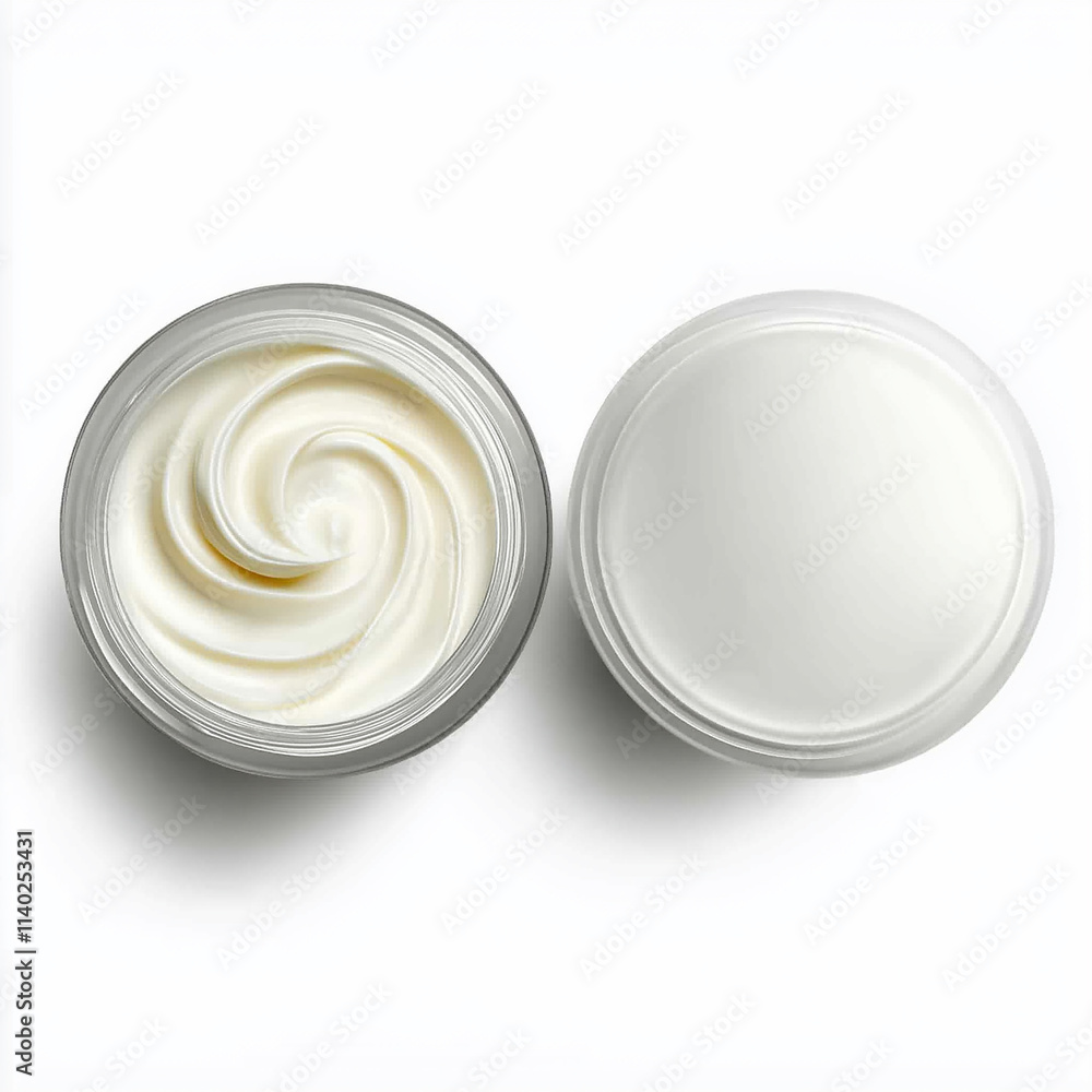Open cosmetic cream jar displaying soft white cream on white background Open cosmetic cream jar displaying soft white cream on white background