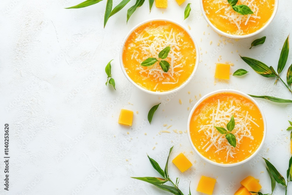 Two bowls of mango dessert topped with cream and cheese accompanied by bamboo sauce and mango garnish on a white surface seen from above Two bowls of mango dessert topped with cream and cheese accompanied by bamboo sauce and mango garnish on a white surface seen from above