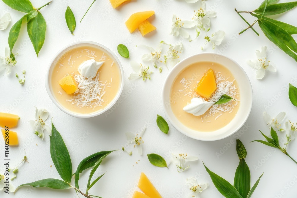 Two bowls of mango dessert topped with cream cheese bamboo sauce and mango against a white backdrop viewed from above Two bowls of mango dessert topped with cream cheese bamboo sauce and mango against a white backdrop viewed from above