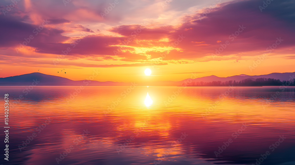 Serene Sunset Over Calm Lake with Mountain Silhouette Serene Sunset Over Calm Lake with Mountain Silhouette